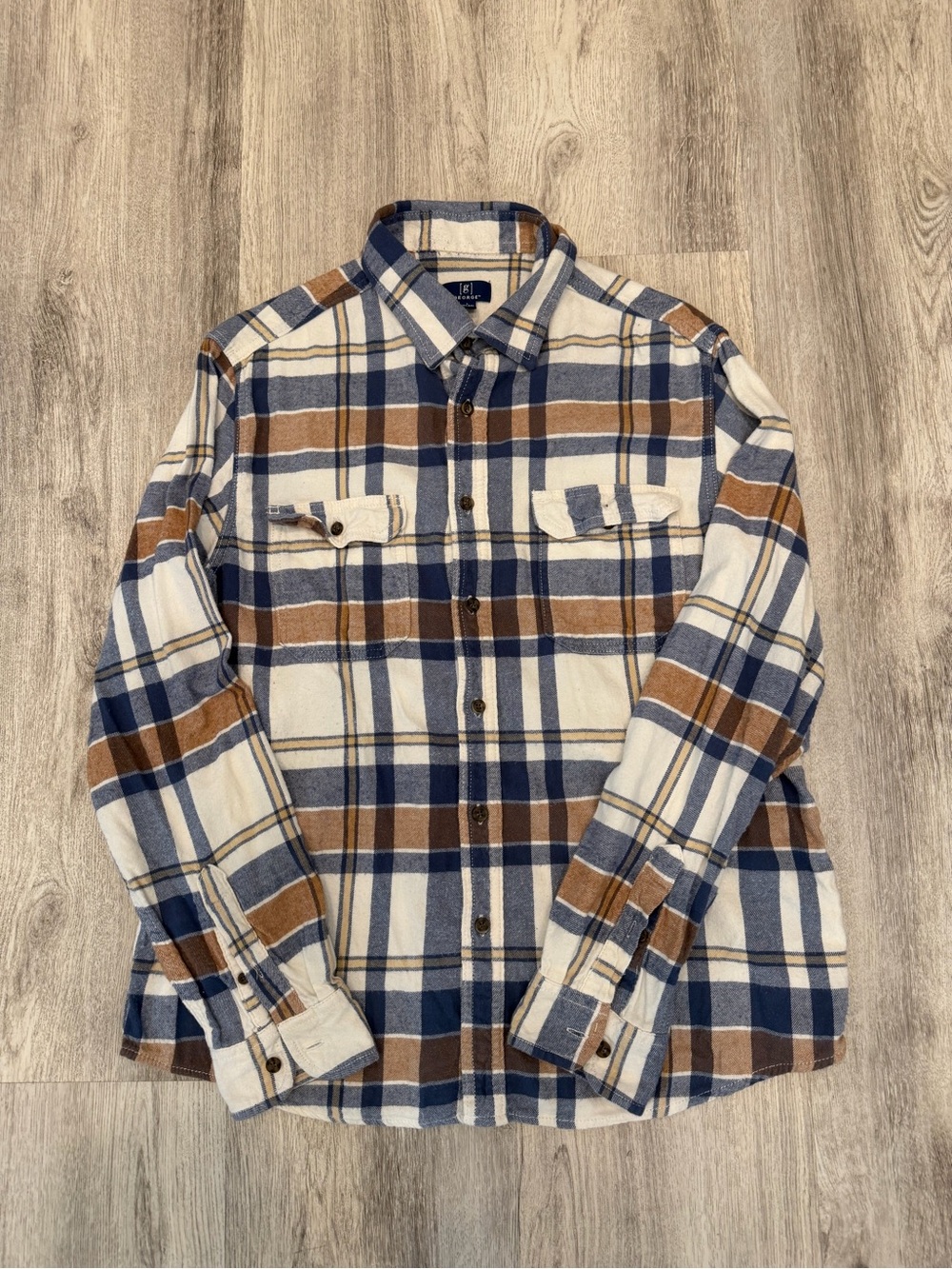 George Large Blue Brown Plaid Flannel Button Up Shirt Grunge